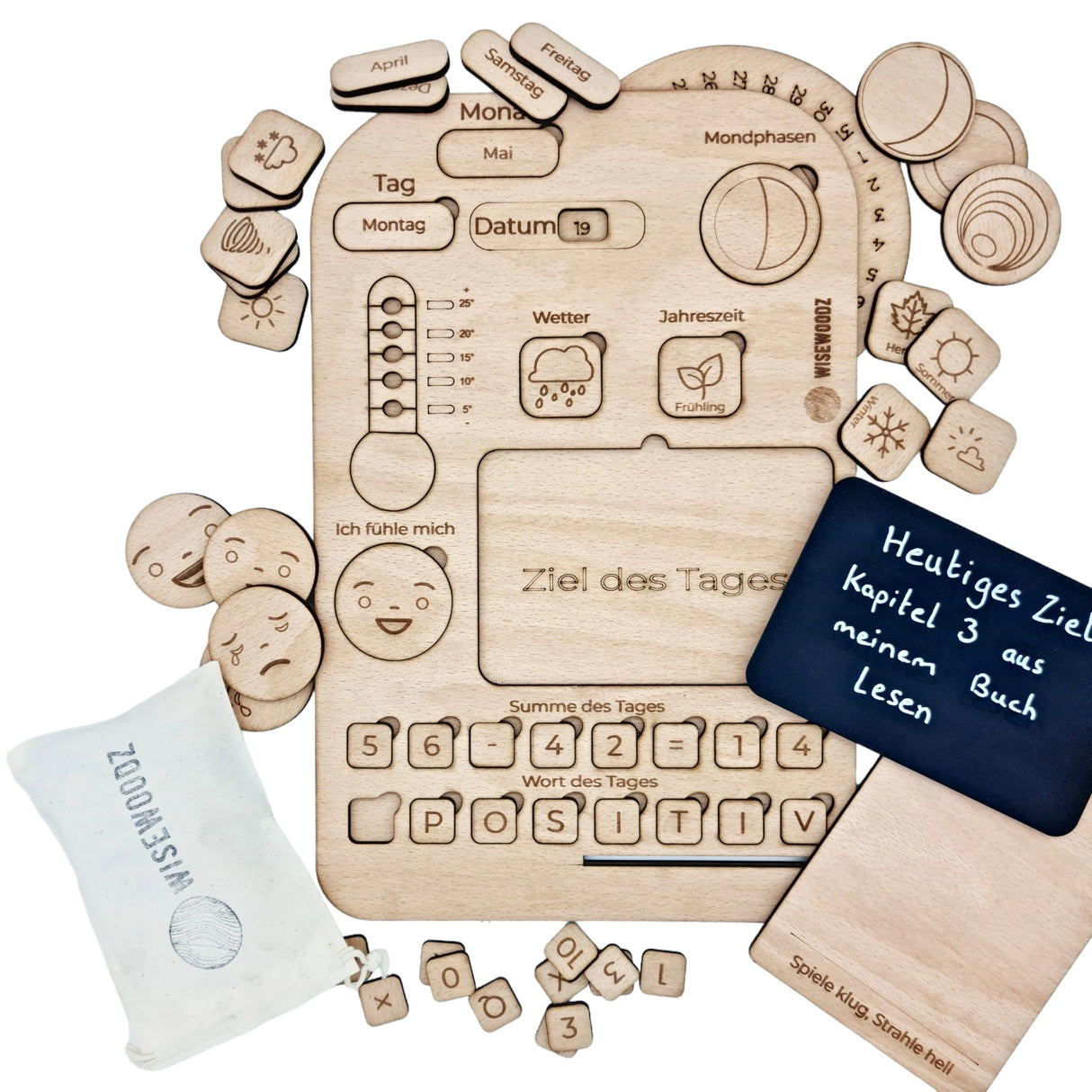 Kinder Tagesplaner aus Holz mit Zielen, Wetter, Jahreszeiten, Matheaufgaben, Wörter lernen und mehr